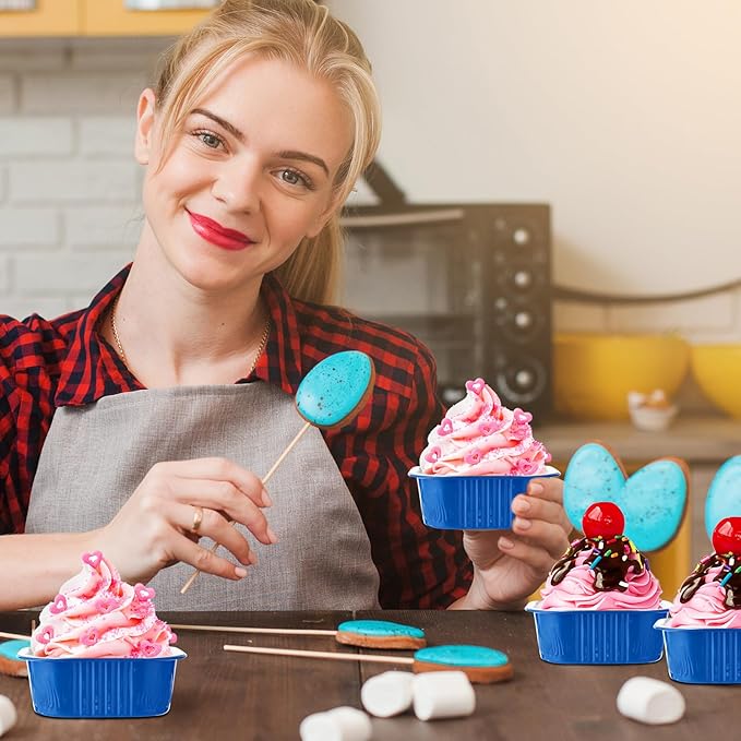 Aoriher 150 Pieces 10 oz Mini Cake Pans with Lids Aluminum Foil Baking Cups Square Disposable 4" x 4" Large Cupcake Cups Baking Tins for Kitchen Brownie Pudding Desserts Holders(Blue)