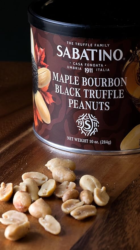 Sabatino Maple Bourbon Black Truffle Peanuts ??Gourmet Roasted Peanuts with Maple Bourbon & Black Truffle, Premium Snack, 10 oz Tin