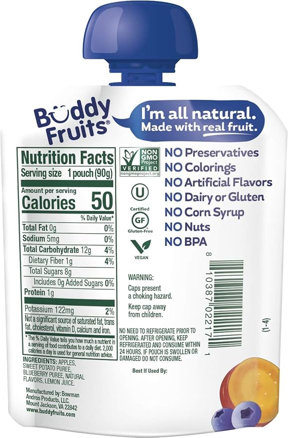 Buddy Fruits & Veggies Snacks To Go Blueberry Sweet Potato Unsweetened Applesauce 3.2oz (18pk) Gluten-Nut-Dairy-Preservative-BPA Free, Non GMO, Kosher