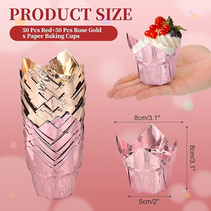 uxcell 100 Pcs Tulip Cupcake Liners, Muffins Liners Aluminum Foil Cupcake Wrappers Baking Cups Muffins Liners for Wedding Birthday Party Supplies, Champagne Gold/Rose Gold