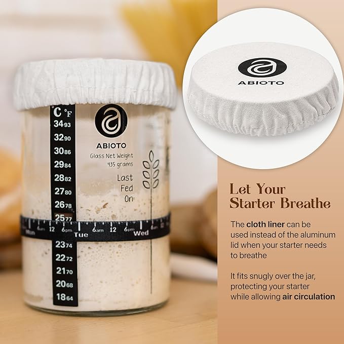 Sourdough Jar Kit, Includes 34 oz Sourdough Starter Jar with Metallic Lid, Silicone Spatula, Feeding Tracker, Extra Thermometer Strips & Breathable Covers ??Sourdough Bread Starter Kit