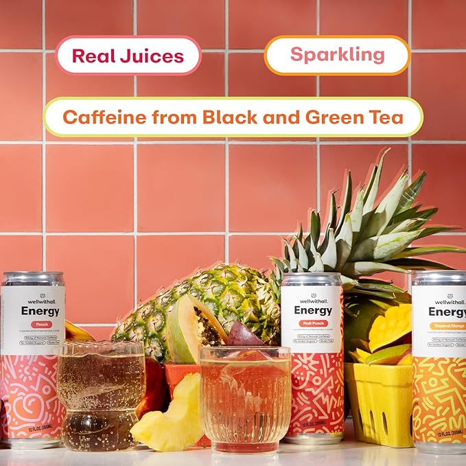 WellWithAll Energy Drink Variety Pack ??Fruit Punch, Tropical Mango, and Peach Flavors ??Caffeine from Tea ??With Vitamin C ??Lightly Sparkling Beverage ??Fruit & Veggie Juice Blend ??12 Oz (Pack of 12 ??4 Cans of Each Flavor )