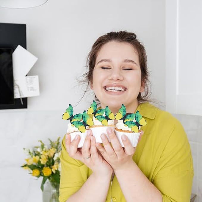 48PCS Edible Butterfly Cupcake Toppers - Edible Butterflies Cake Decoration for Wedding, Birthday, Baby Shower & Kids Parties - Yellow & Green