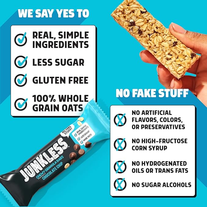 JUNKLESS Chewy Granola Bar 4?멑lavor Variety Pack (24 Bars)?밡on?멒MO, Gluten?멑ree, Less Sugar Snack Bars??Chocolate Chip, Peanut Butter Chocolate Chip, Cinnamon Roll & Real Strawberry, 4 Boxes