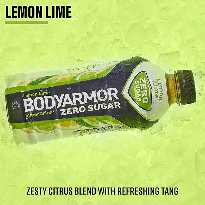 BODYARMOR ZERO Sugar Lemon Lime, Sugar Free Sports Drink - Low-Calorie Hydration - Natural Flavors with Potassium Packed Electrolytes, Antioxidants, and B-vitamins, 28 fl oz (Pack of 12)