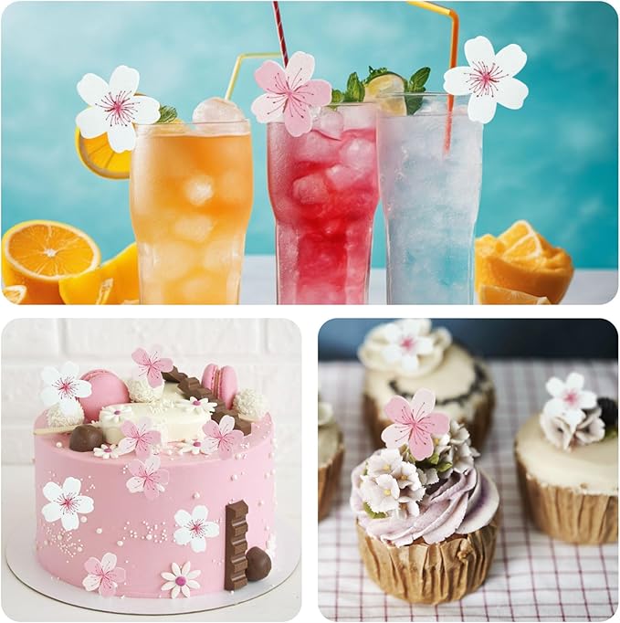 60pcs Edible Flowers Cake Decorations ??Edible Flowers Cherry Blossoms Cake Topper Cupcake Toppers Decorations Wafer Paper, Flower Cupcake Toppers for Wedding Birthday Party