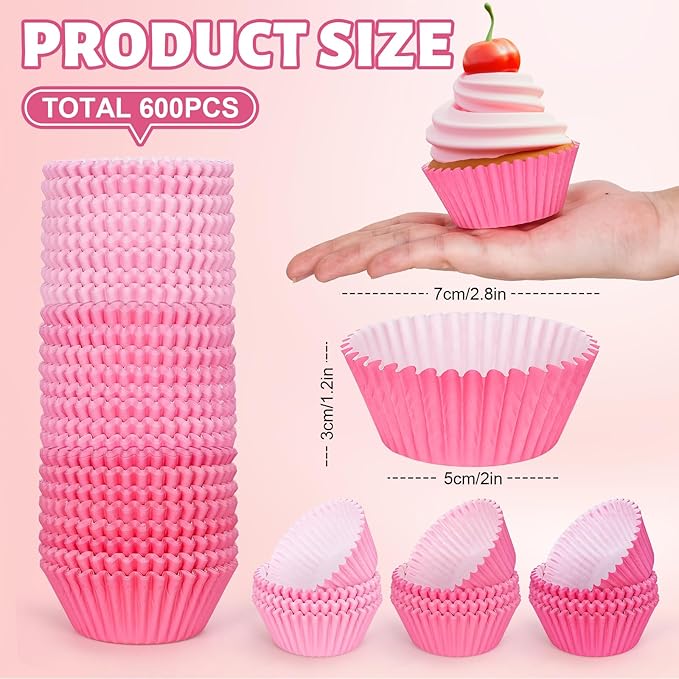 Whaline 600Pcs Pink Cupcake Liners Pink Cupcake Wrappers Disposable Paper Baking Cups 3 Styles Baking Liners Holders for Baby Shower Wedding Bridal Showers Birthday Party Supply