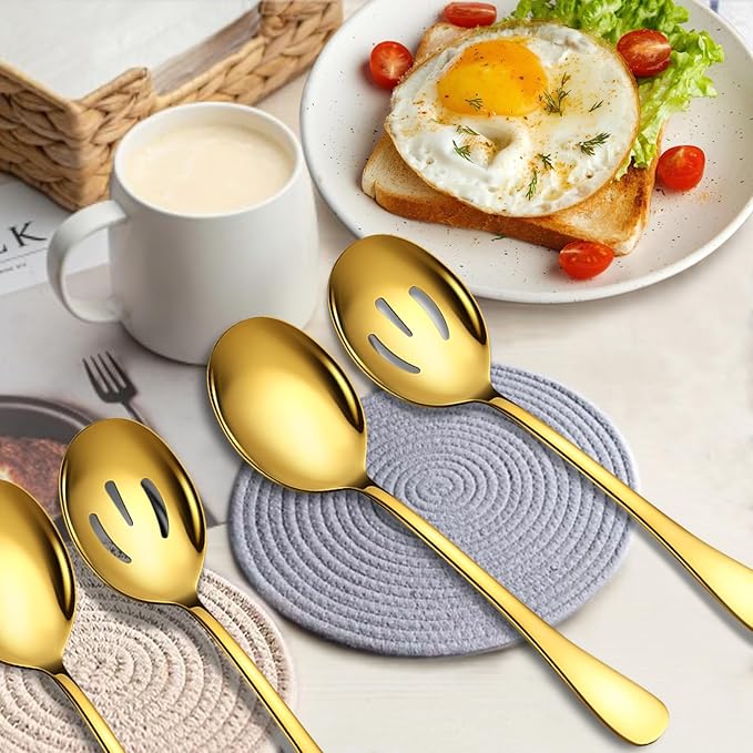 4 Piece Stainless Steel Serving Spoons Set, 10-Inch, Includes 2 Large, 2 Slotted, for Parties/Kitchen/Buffet/Catering, Dishwasher Safe, Gold