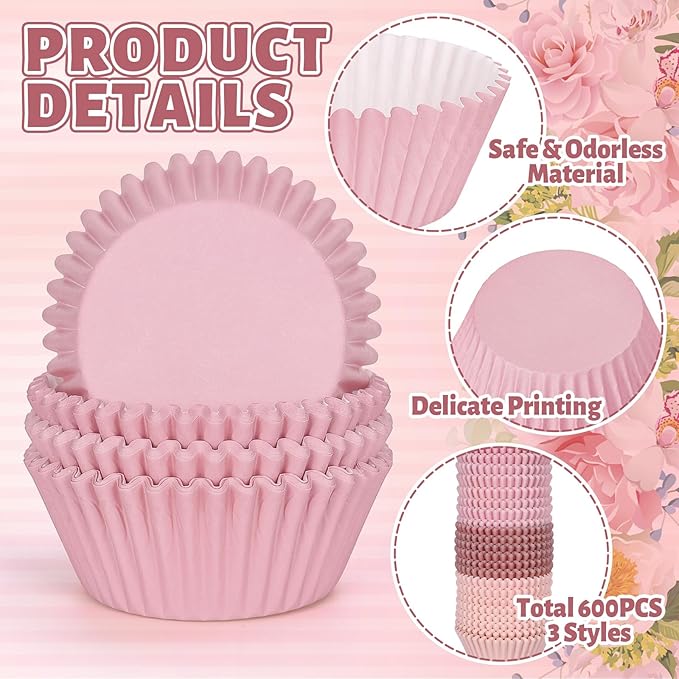 Whaline 600Pcs Dusty Pink Cupcake Liners Dusty Pink Gradient Color Baking Cups Holders Dusty Rose Cupcake Wrappers Muffin Liners for Baby Shower Bridal Shower Wedding Party Supplies