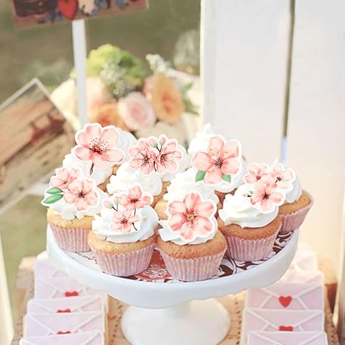 40 PCS Edible Cherry Blossoms Cupcake Toppers Wafer Paper Cherry Blossoms Flowers Cake Decorations for Baby Shower Kids Birthday Party Decorations Supplies