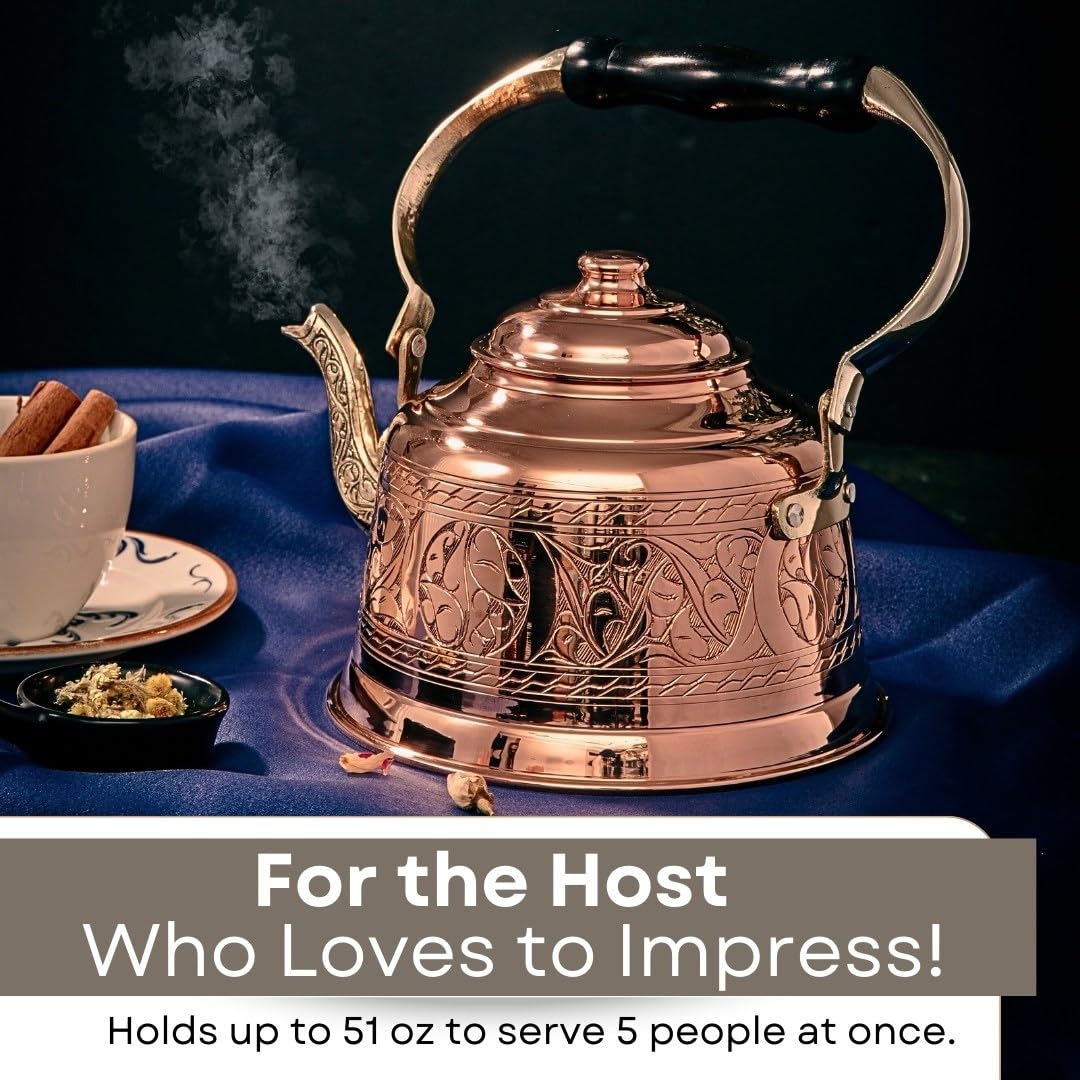 DEMMEX Heavy Gauge 1mm Thick Engraved Solid Copper Tea Pot Kettle Stovetop Teapot, Handmade