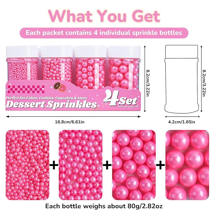 Pink Pearl Sprinkles for Cake Decorating, 11.3 Oz Edible Pearls Sugar 4 Sizes Gift Box Set for Baking Cookie Ice Cream Cupcake Toppings