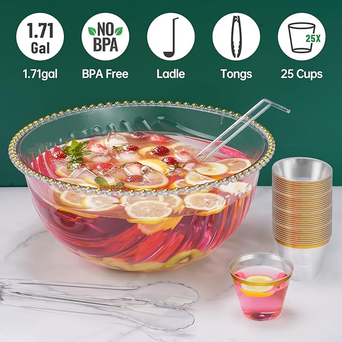 NiHome Large Plastic Punch Bowl with Ladle, Tongs and 25 Gold-Rimmed Cups for Wedding, Birthday, BBQ, Baby Shower, Holiday, 1.7 Gallon Reusable Clear Party Bowl Set for Drinks, Salads, Snacks & More