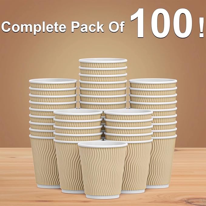 Hot 8 oz Disposable Insulated Corrugated Sleeve Ripple Wall Paper Coffee Cups for Drink, 100,8oz, Brown,Hot Coffee Cups