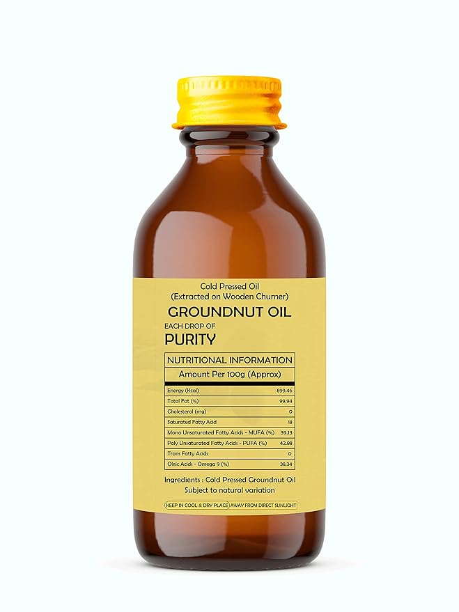 AYUREVDASHREE Cold Pressed Peanut Oil 3.38 fl oz. | Perfect for Deep Frying, High Heat Cooking, Adding to Noodles, Stir-Fries | Wood Pressed Groundnut Oil