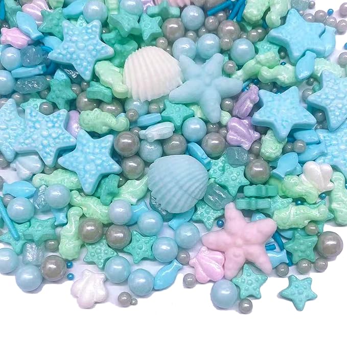 Sentovac Ocean Sprinkle Edible Cake Decorating Hippocampi Starfish Shell Fish Pearl Candy Mix Blue Sprinkle for Cake Cupcake Topper Cookie Baking Decorations Sea Theme Party Birthday Supplies