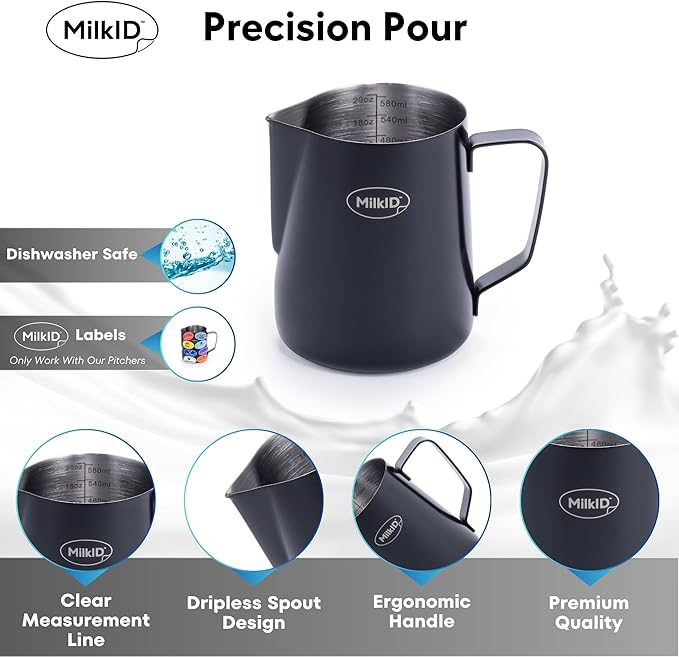 Milk Frothing Pitcher with 8 Allergen Silicone Snap-On Labels | Must-Have Barista Tool | Coffee Bar Accessories & Espresso Accessories Kit | (20oz / Black Pitcher + Labels)