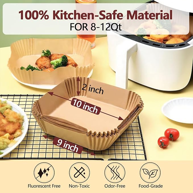 10 Inch Air Fryer Liners Disposable-150PCS Square Parchment Paper Liners,Heat Resistant & Non-Stick,Unbleached Liners for Air Fryer,Oven,Roasting,Baking,Microwave竊뉰ottom is 9 Inchç«?,<div>