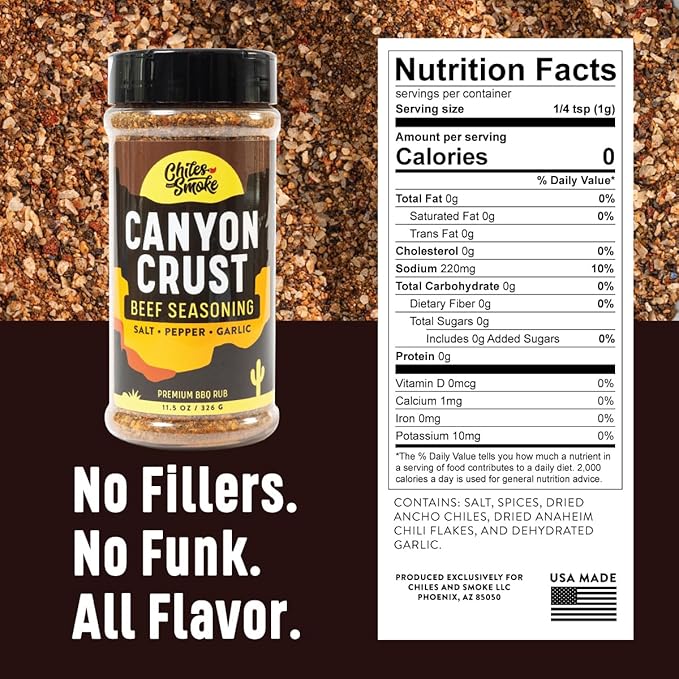 Chiles and Smoke - Canyon Crust Beef Seasoning, Great on Beef Brisket, Ribeye Steaks, Hamburger Meat and More, BBQ Rub and Spices for Grilling and Smoking, No Sugar, Gluten & MSG, USA-Made, 255 g