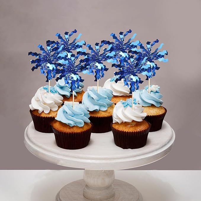 Rsstarxi 30 Pack Foil Firework Cupcake Toppers Blue Sparkle Tinsel Drink Cake Decorations Cocktail Food Toothpicks for Happy Valentine's Day Birthday Wedding Graduation Party Decorations