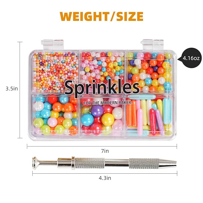 Kasvan Rainbow Mix Sugar Sprinkles - Edible Candy Pearls with 4-Claw Sprinkle Pen,118g/4.16 Oz, Gift Box Pack, Baking Cake Decorations, Ice Cream Toppings and Cookie Decorating (Rainbow)