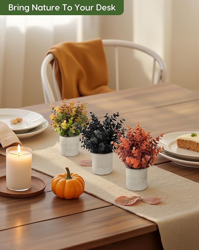 Velener 3 PCS Small Fake Eucalyptus Plant Artificial Potted Plants Indoor for Desk, Shelf, Home Decor Realistic Faux Plant for Office, Bathroom, Living Room Decoration (Fall Green/Orange/Black)