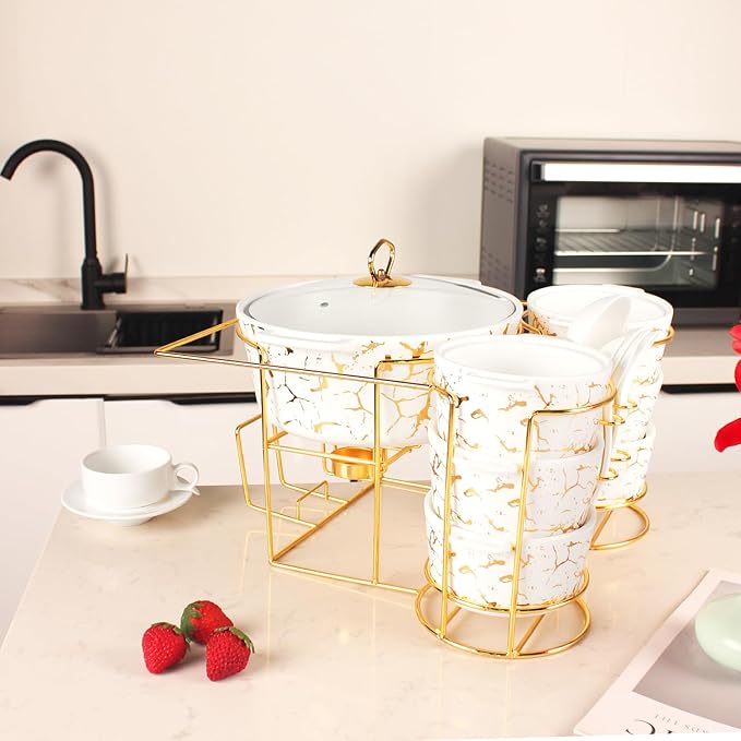 Ceramic Casserole Dish set with rack and Glass Lid, 1 large spoon, 6 small spoons, 6 soup cups - 2.2Qt Serving Soup Tureen with Handle, Serving Tureen for Restaurant Home Kitchen Decoration
