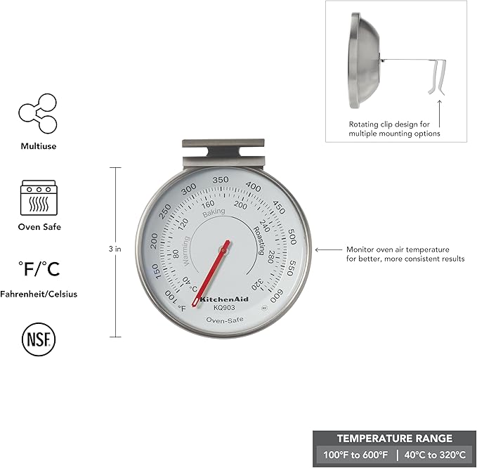 KitchenAid KQ903 3-in Analog Dial Oven/Appliance Thermometer, Oven Food Grill Chef Smoker Cooking Thermometer, TEMPERATURE RANGE: 100F to 600F, Stainless Steel