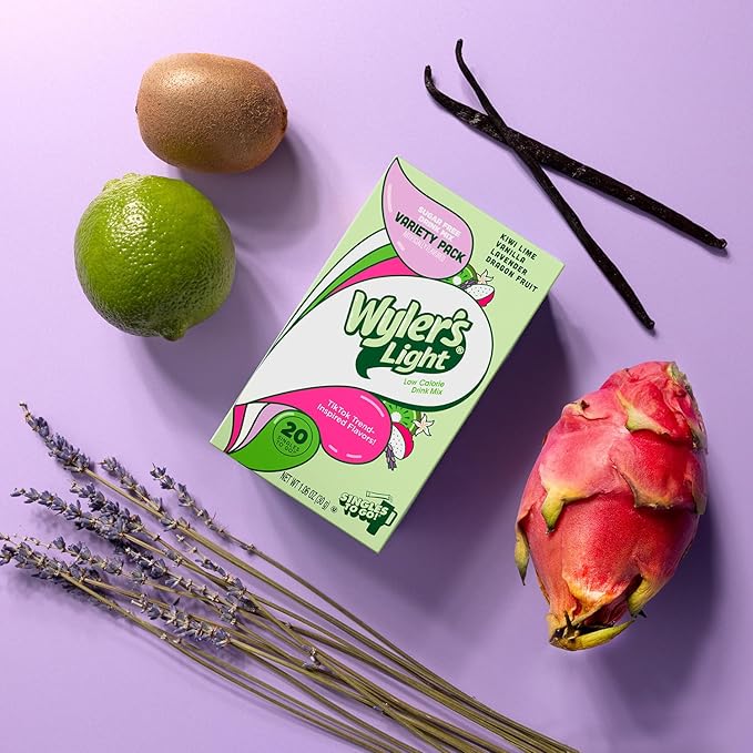 Wyler's Light Singles to Go Powder Packets, Water Drink Mix, Variety Pack, Watertok Base Flavors, Kiwi Lime, Vanilla, Lavender, and Dragon Fruit, Sugar & Caffeine Free, On-The-Go, 20 Count (Pack - 1)