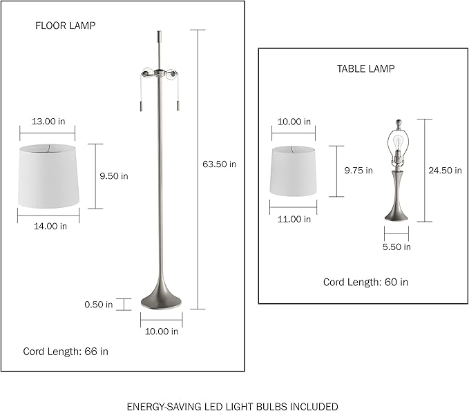 3-Piece Floor and Table Lamp Set - Mid-Century Modern Metal Lamps with Flared Trumpet Base and Energy Saving LED Light Bulbs by Lavish Home (Silver)