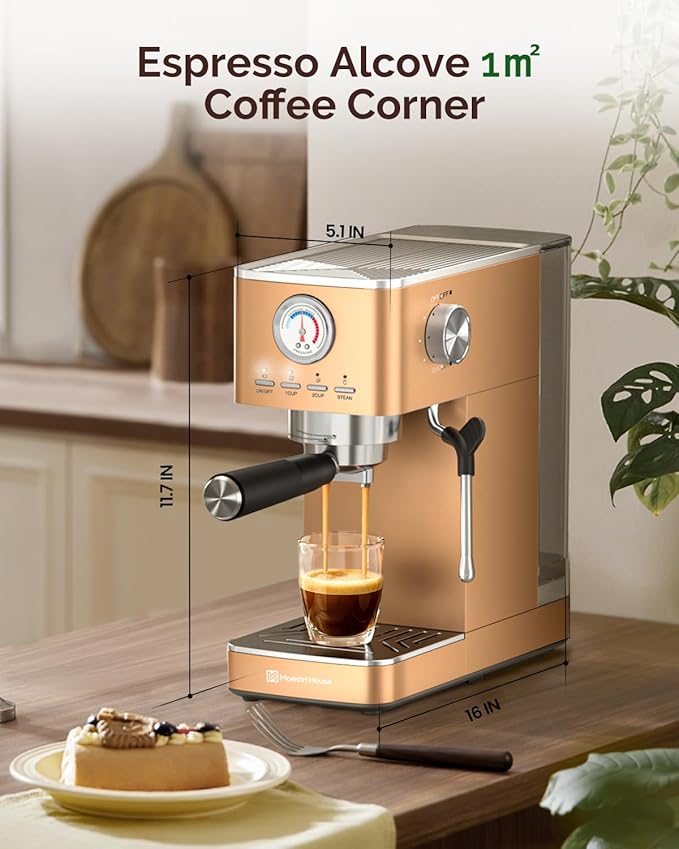 Maestri House 20 Bar ULKA Pump Espresso Machine, Compact Espresso Maker Built-in Flow Meter Steam Milk Frother, Stainless Steel Coffee Machine for Cappuccino, Latte, Rose Golden