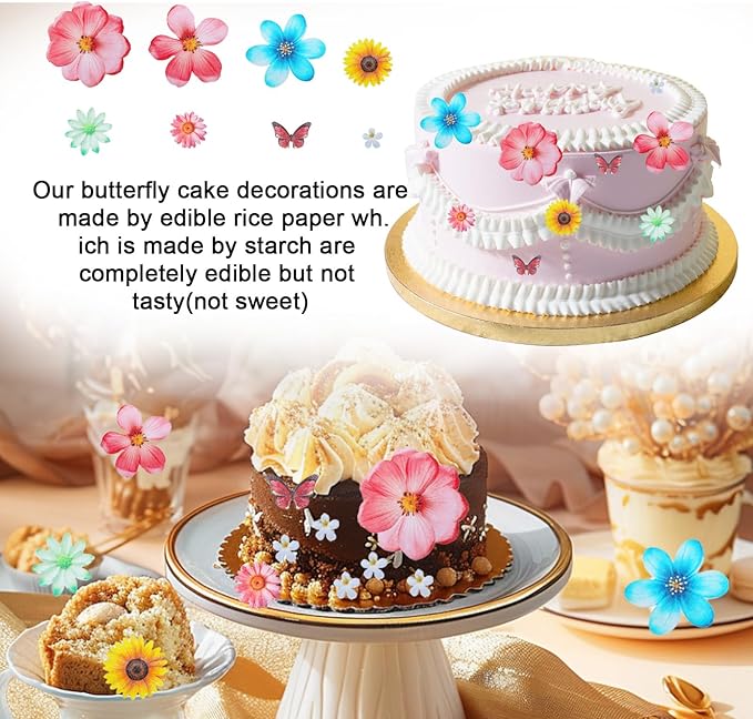 55Pcs Edible Flower Butterfly Cake Topper, Mixed Size & Colour Wafer Paper Cupcake Toppers, Wedding Party Flowers Decoration for Cake, Birthday, Baby Shower Supplies