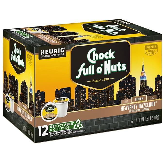 Chock Full o'Nuts Heavenly Hazelnut Coffee, Compatible with K-Cup Pods, 12 CT (Pack of 2)