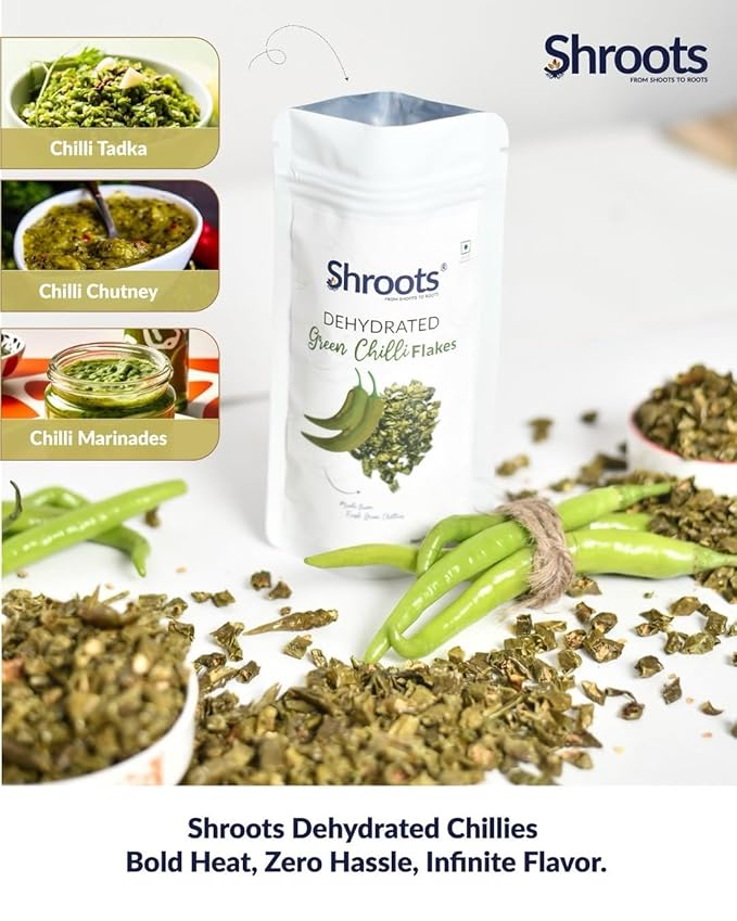 SHROOTS Dehydrated Green Chilli Flakes Pure Vegetarian Gluten-Free No Added Salt Easy Cooking Machine Essential Dried Vegetable with Natural Aroma Perfect for Seasoning & Spice Mix 1.23 oz, Pack of 1
