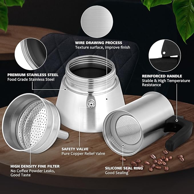 Stovetop Espresso Maker Stainless Steel Moka Pot, 4 cup Espresso Coffee Pots 200ml/7oz(Espresso Cup=50ml/1.7oz), Italian Coffee Maker for Induction Cookers Hobs, Cafe Maker for Camping Home