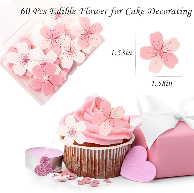 60 Pcs Edible Flowers Cake Topper Cupcake Toppers Decorations Wafer Paper Pink Cherry Blossom Flowers Wedding Themed Party Birthday Cake Decoration