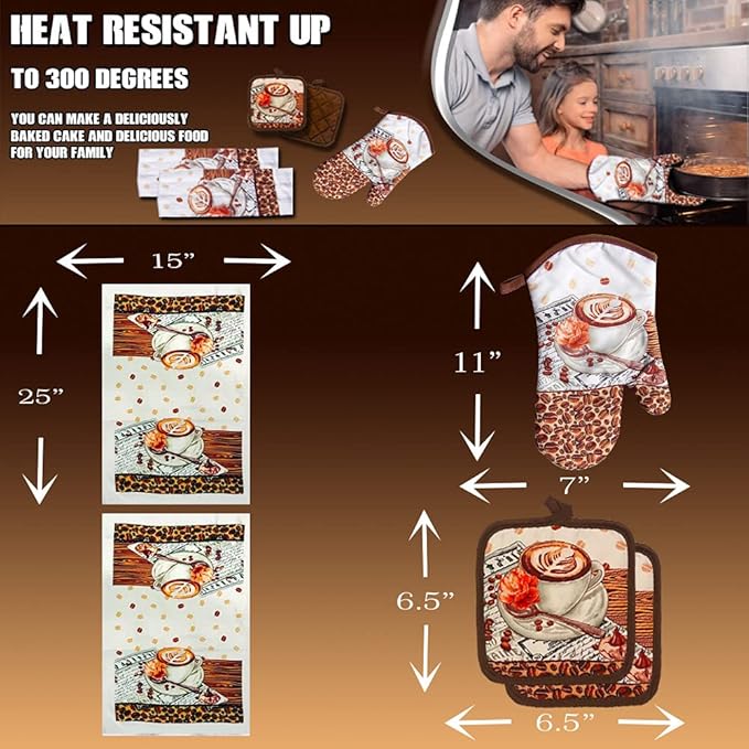 Lobyn Value Packs: 5-Piece Caf챕 Latte Kitchen Towel Set ??Quilted Oven Mitt & 2 Potholders, Perfect for Coffee Lovers