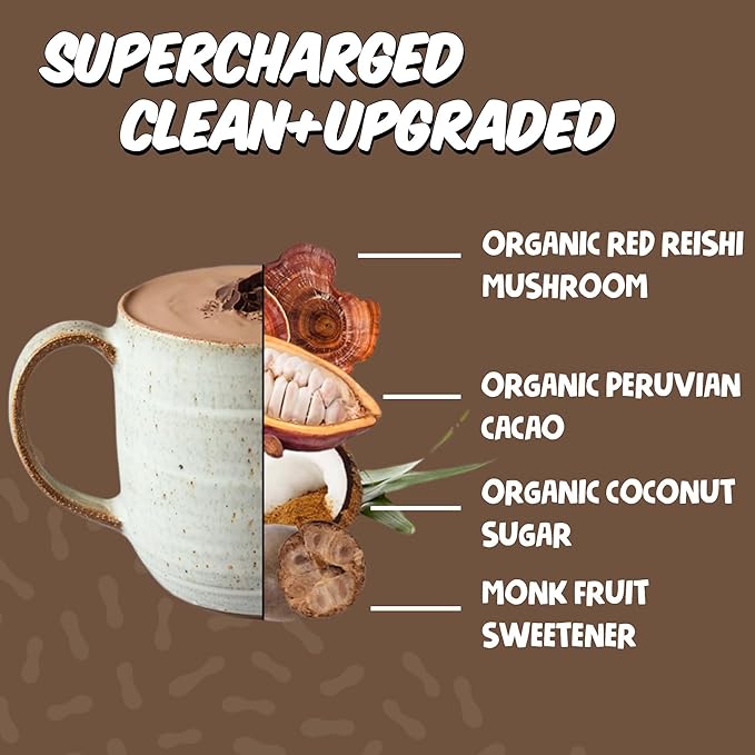 Renude Reishi Cacao – Mushroom Hot Chocolate Mix, Coffee Alternative with Magnesium, Organic Cacao Powder with Reishi for Sleep Support –15 Servings