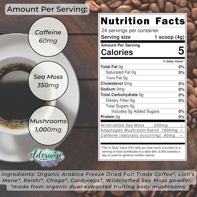 Elderwise Organics Coffee with Mushrooms & Sea Moss - Lion's Mane, Chaga, Reishi & Cordyceps - 24 Servings - Healthy Coffee - Freeze Dried Instant - Chemical free - Fair Trade
