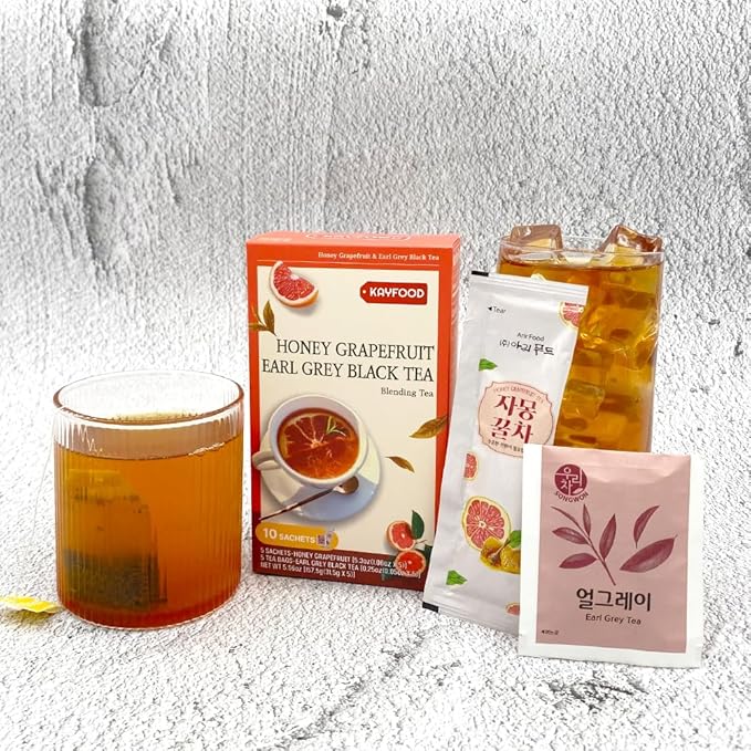 KAYFOOD Garden Honey Grapefruit Tea Powdered & Earl Grey Black Tea Bag Mix 10 Sticks (5.56oz), (Honey Grapefruit 5 Sticks & Early Grey Black 5 Teabags)