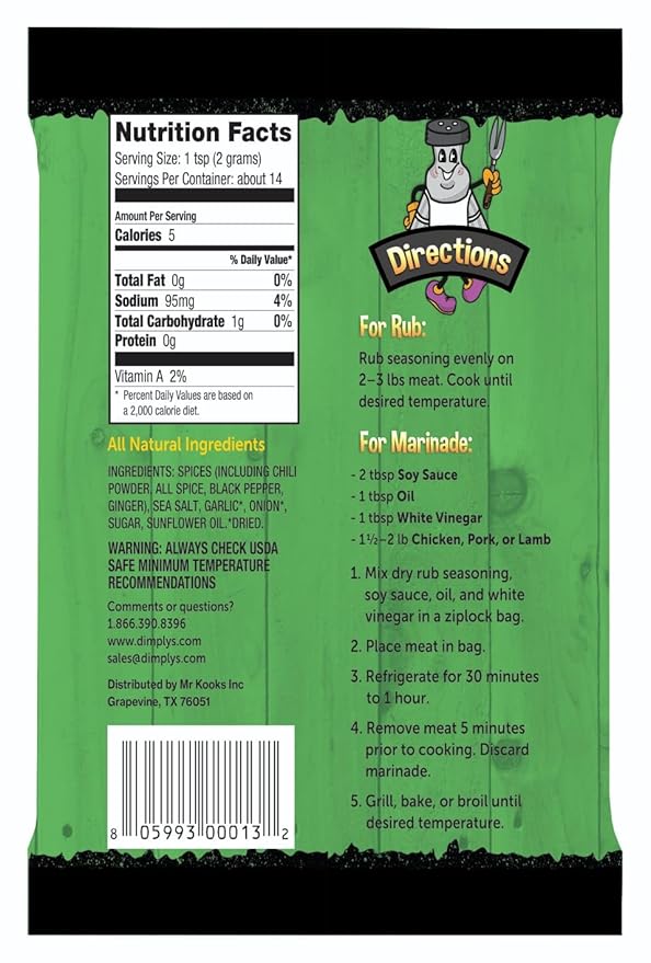 Dimply's Jamaican Jerk Seasoning Mix – Dry Rub and Marinade for Chicken, Meat, Vegetables, Tofu – Bold Caribbean Spice Blend – Vegan, Gluten Free, No MSG, No Preservatives – 6 oz Bag, 12 Pack