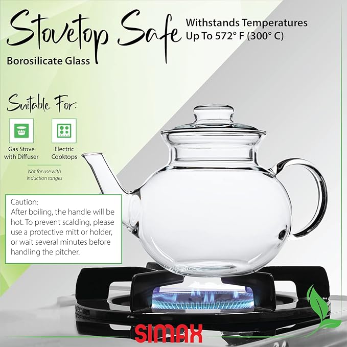 Simax Glassware 33 Ounce Glass Teapot | With Spout, Microwave and Stovetop Safe, Heat, Cold, and Thermal Shock Resistant Borosilicate Glass, Makes a Stunning Presentation??,<div>