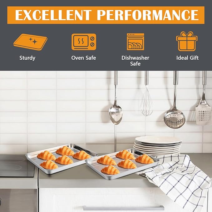 2Pcs Baking Sheet Pan Set, Joyfair Stainless Steel Cookie Sheets, Commercial Metal Pans Toaster Oven Tray Bakeware for Jelly Roll/Bread/Bacon, Heavy Gauge, Rust-free & Dishwasher Safe (10.4 Inch)