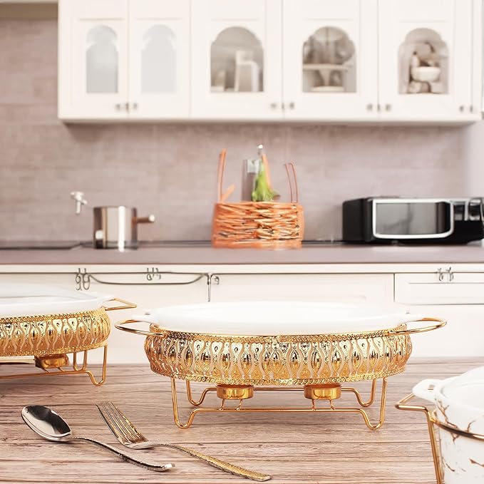 10" x 7" Ceramic Oval Casserole Dish with Glass Lid and Gold rack, 30 Ounce White Serving Soup Tureen,Chafing Dish for Buffet, Family Food preserve Tray, Catering Casserole for Party Style