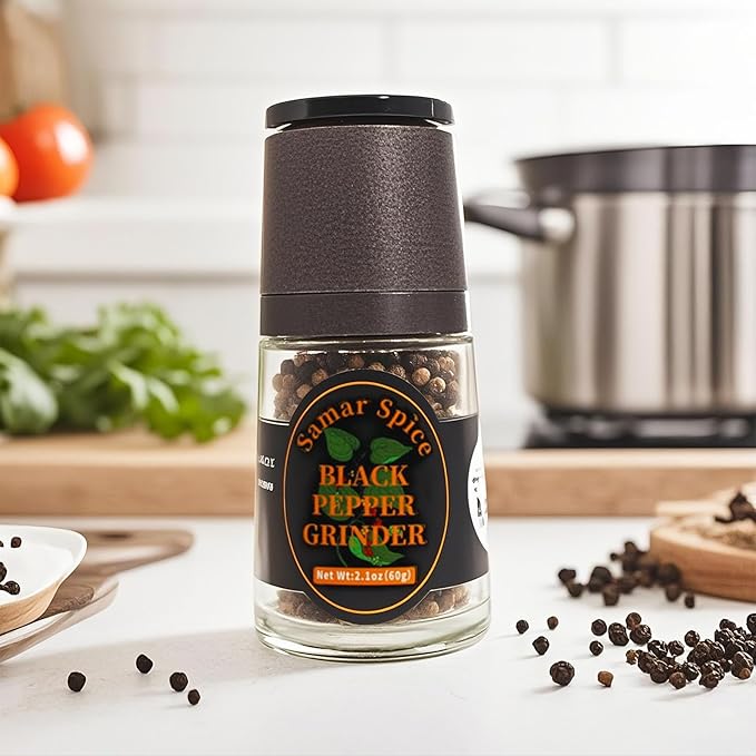 Whole Black Peppercorns with Adjustable Grinder(2.1oz+16oz) & Refill Pack | Restaurants & Home Cooks | Enhances Meat, Beef, Steak & Meat Lovers' Dishes (60g+453g)