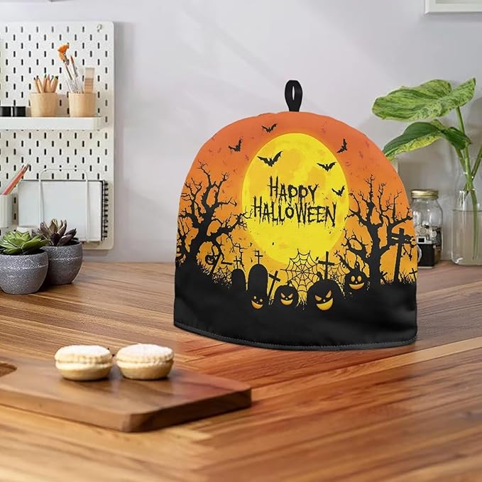 Happy Halloween Tea Cosy for Teapot with Handle Kitchen Kettle Dust Cover for Keeping Warm Machine Washable Tea Cosy Fabric Quilted Padding