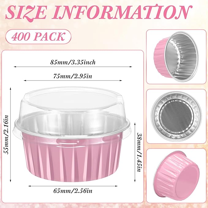 Gejoy 400 Pcs Aluminum Foil Baking Cups with Lids 5 oz Disposable Ramekins Mini Cake Pans Creme Brulee Cupcake Liners Muffin Tins Flan Mold Dessert Container for Wedding(Pink,Classic)