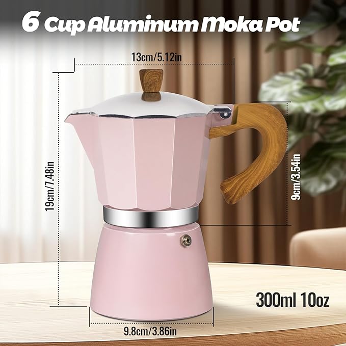 6 Cup Aluminum Moka Pot Classic Stovetop Espresso Coffee Maker 300ml 10oz Coffeemaker Percolator Mocha Pot Greca Coffee Maker Cafe Makers for Italian and Cuban Cafì±?Brewing Pink