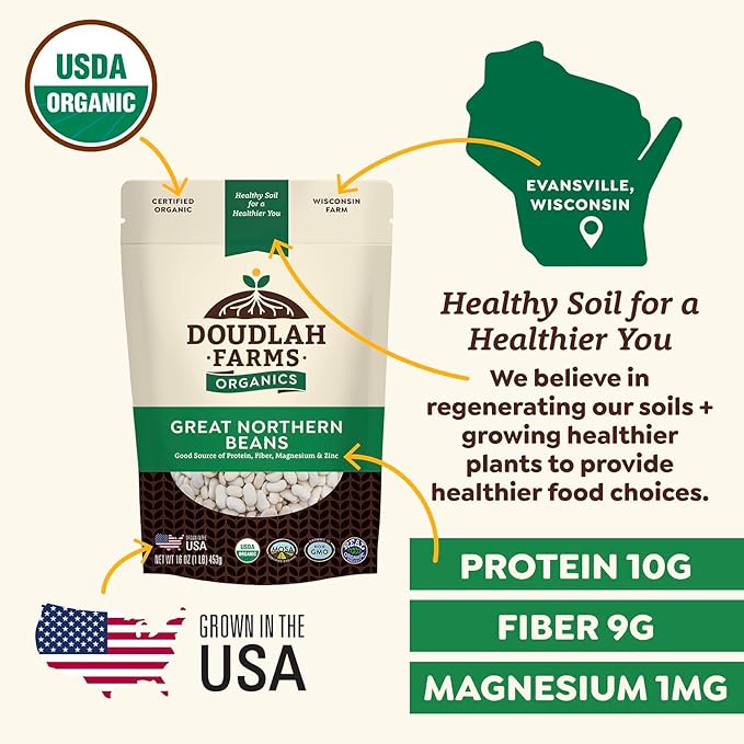 Organic Great Northern Beans 5lb Bulk by Doudlah Farms - Farmed From Regenerative Soil - Tested Clean Certified - Vegan, Non-GMO, Grown In USA - Fiber & Protein for Soups, Burritos, Salads, and Chili