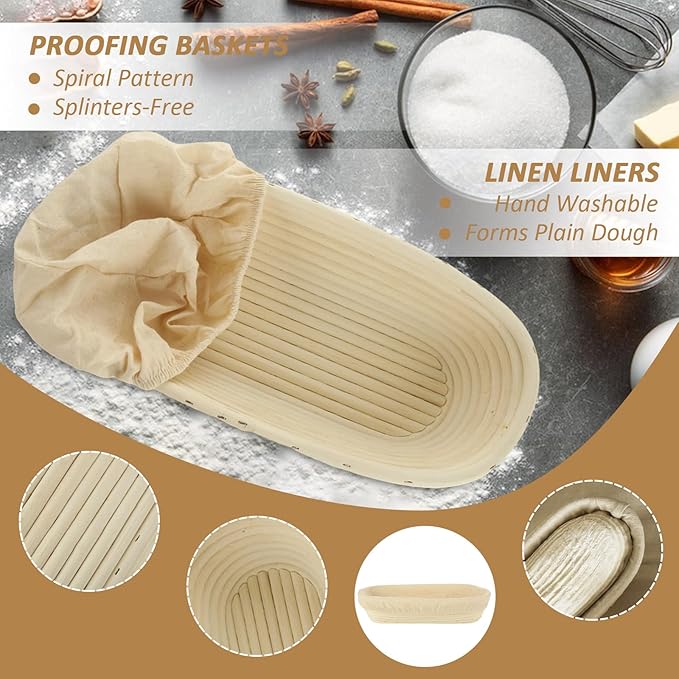 Oval Proofing Basket Set (14x6 inch), Baguette Banneton Bread Proofing Basket and Linen Liner Set for Home Baking, 2 Set